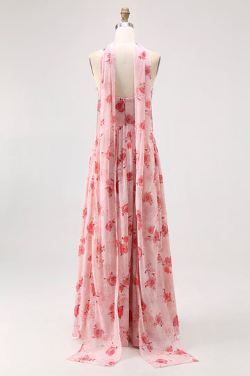 Dusty Rose Flower Printed Sweetheart Long Bridesmaid Dress with Slit